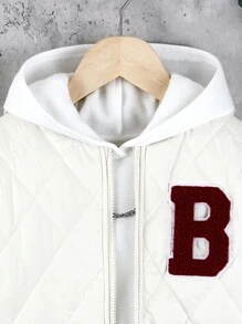 SHEIN Tween Girl Letter Patched Detail Zip Up Quilted Bomber Jacket Without Hoodie - White - View 4