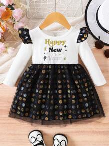 Váy lưới xếp nếp đính sequin cổ điển thời trang cho trẻ sơ sinh - Đen và trắng - Xem 1