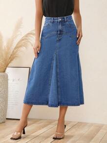 SHEIN LUNE 高腰褶皺細節牛仔半身裙 - 深色水洗藍 - 查看 5