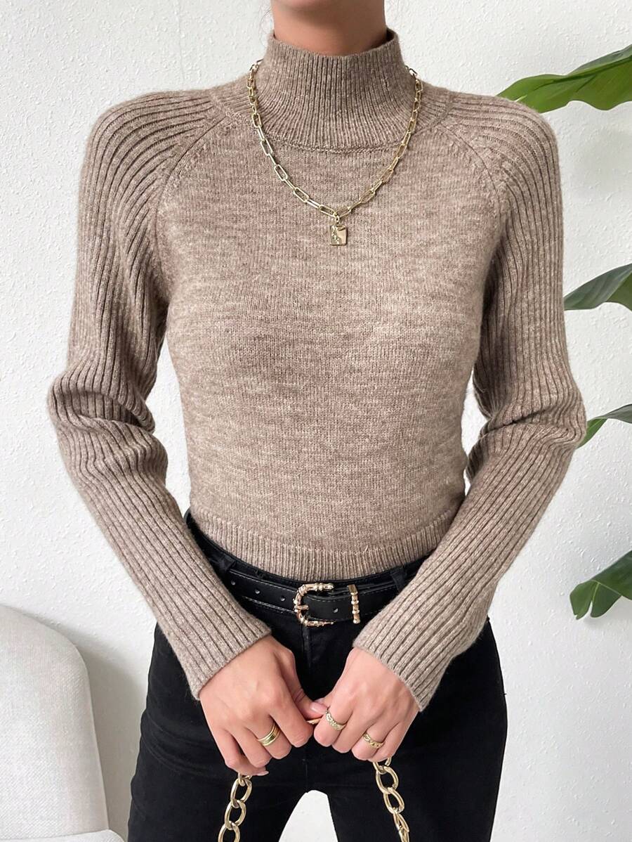 SHEIN Essnce Mock Neck Raglan Sleeve Sweater - Mocha Brown - View 1