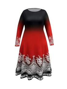 SHEIN LUNE Plus Ombre & Floral Print Hidden Pocket A Line Dress - Red - View 1