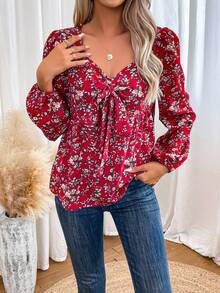 SHEIN VCAY Ditsy Floral Print Knot Front Lantern Sleeve Blouse - Red - View 3