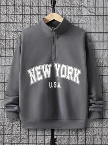 SHEIN Leap Crew Cậu bé Tween Đồ họa Chữ cái Một nửa khóa kéo Thả vai Áo nỉ - Màu xám đen - Xem 1