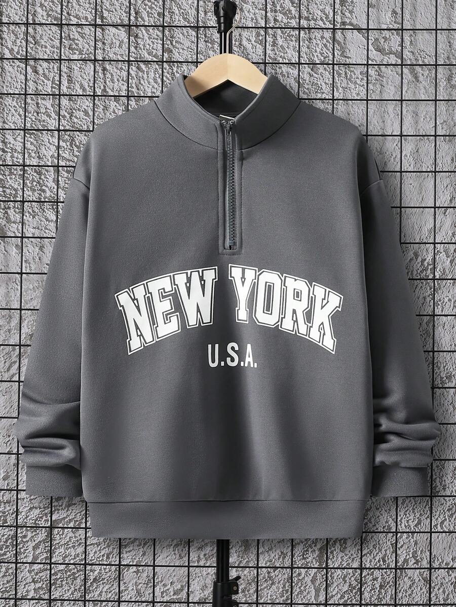 SHEIN Leap Crew Cậu bé Tween Đồ họa Chữ cái Một nửa khóa kéo Thả vai Áo nỉ - Màu xám đen - Xem 1