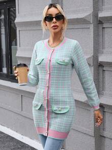 SHEIN Privé Cárdigan con patrón de cuadros con diseño de solapa con botón delantero - Multicolor - Ver 4