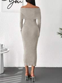 Cloudara Foldover Off Shoulder Sweater Dress - Beige - View 2