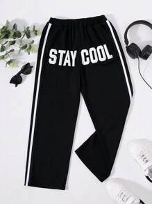 SHEIN Tween Boy Letter Graphic Contrast Tape Sweatpants - Black - View 1