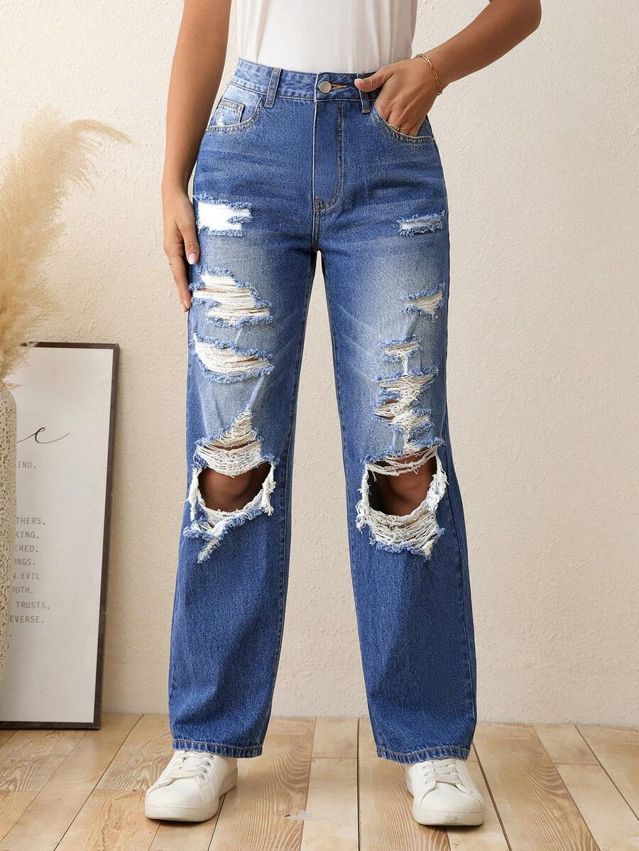 SHEIN EZwear High Waist Ripped Straight Leg Jeans Without Belt - Dark Wash - View 1