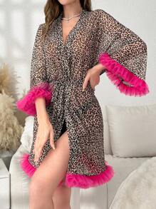 Leopard Print Contrast Mesh Ruffle Trim Belted Robe - Multicolor - View 4