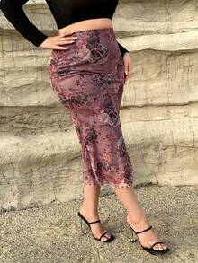 SHEIN Privé Plus Floral Print Pencil Skirt - Multicolor - View 5