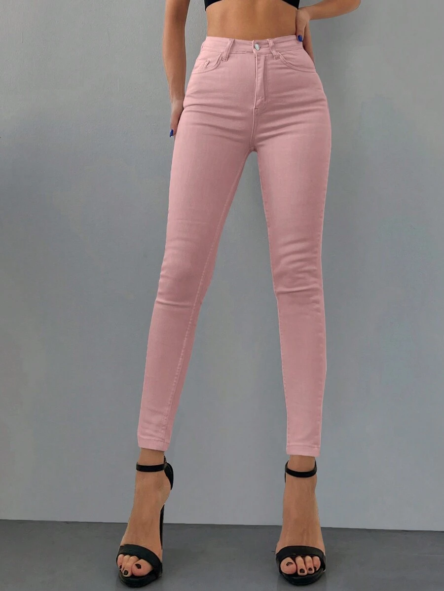 SHEIN Cottnline Women's Solid Slim Fit Jeans - Pink - View 1