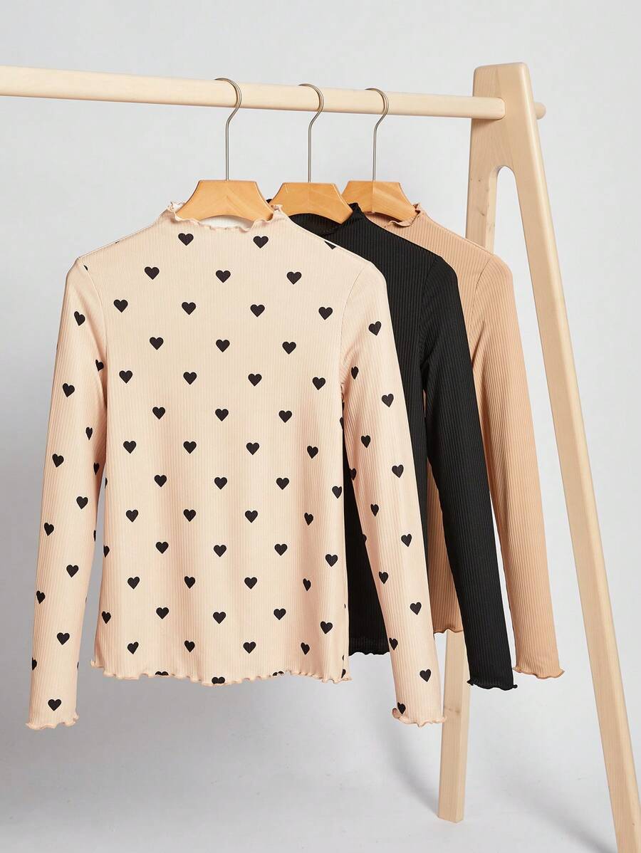 SHEIN Clasi 3pcs Chất rắn & In Trái tim Ren Mộc nhĩ Cổ giả Áo thun - Nhiều màu - Xem 1