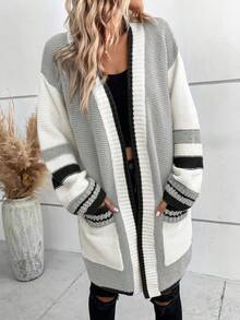 SHEIN Frenchy Mẫu sọc Túi Kép Thả vai Áo len Duster - Nhiều màu - Xem 4