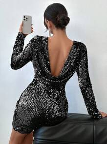 EURMUSE Party Black Sequined Decor Long Sleeve Bodycon Dress