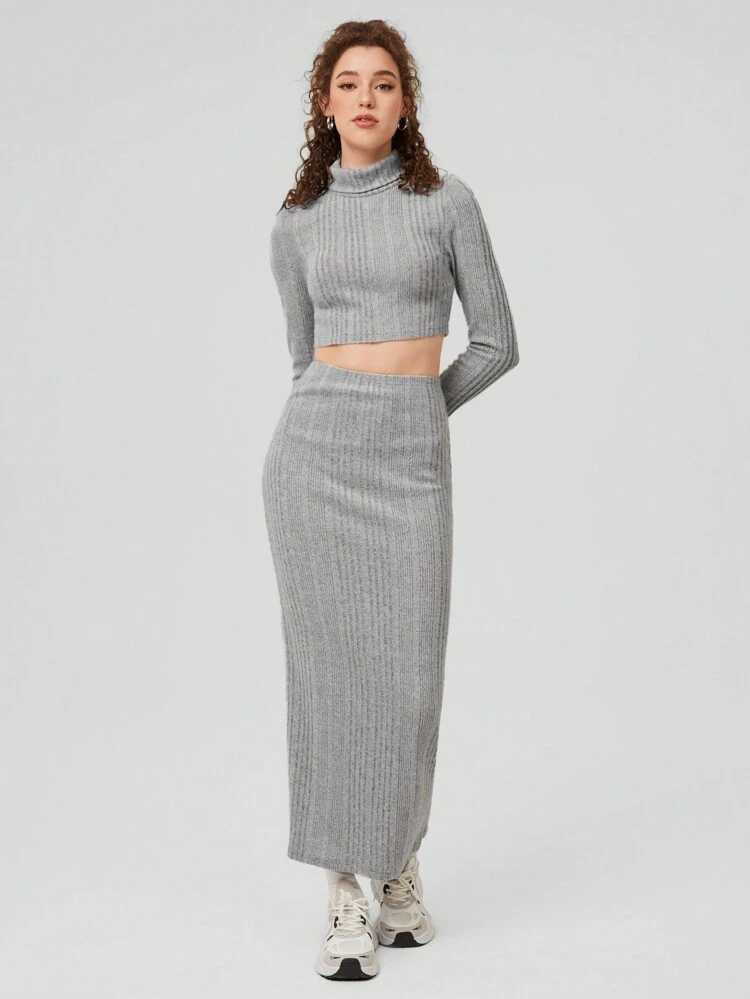 Women's High-neck Solid Color Ribbed Slim Fit T-shirt And Skirt Two Piece Set