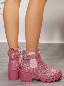 Women's Fashionable Chelsea Boots With Rhinestone & Glitter Decoration - Pink - View 7