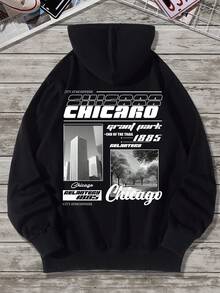 Manfinity EMRG 男士大码標語圖案落肩袖抽繩連帽衫 - 黑色 - 查看 3