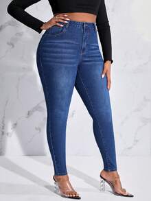 SHEIN SXY Jeans Ajustados De Talla Grande - Azul lavado oscuro - Ver 5
