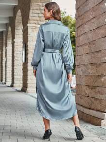 SHEIN Clasi Split Side Belted Shirt Dress - Dusty Blue - View 2