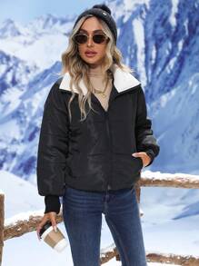 SHEIN Unity Zip Up Contrast Collar Drop Shoulder Padded Padded Coat Clothes Winter - Black - View 3