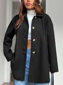SHEIN EZwear Thả vai Nút phía trước Áo khoác - màu đen - Xem 3