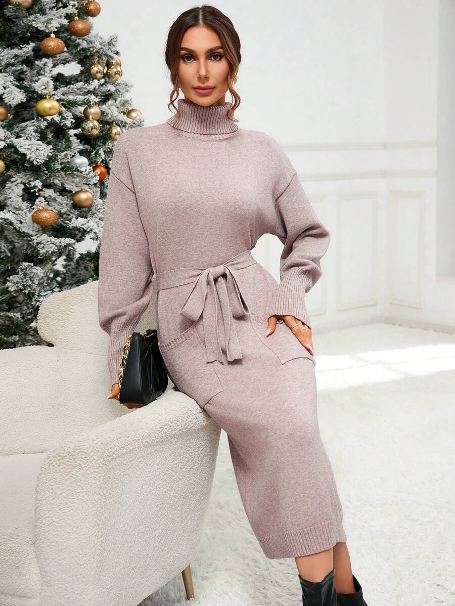 GENKIRA Turtleneck Drop Shoulder Belted Sweater Dress - Khaki - View 1