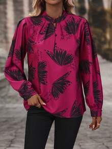 EMERY ROSE Butterfly Print Mock Neck Blouse - Purple - View 4