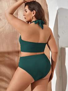 Swim Lushoire 夏季沙灘大尺碼褶皺束頸比基尼套裝 - 墨綠色 - 查看 2