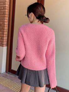 DAZY Chất rắn Tay Raglan Đan mềm mại Áo len Mở - Màu Hồng Tươi - Xem 4