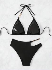 SHEIN Swim Ladies' Halter Bikini Set Summer Beach - Black - View 3