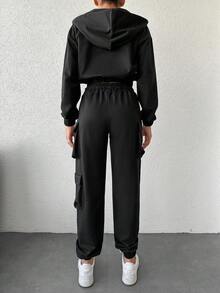EURMUSE Zip Up Drop Shoulder Hoodie & Flap Pocket Drawstring Waist Sweatpants - Black - View 2