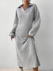 SHEIN Essnce 落肩袖高衩洋裝不附腰帶 - 灰色 - 查看 4