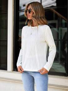 SHEIN LUNE Round Neck Long Sleeve T-shirt - Beige - View 4
