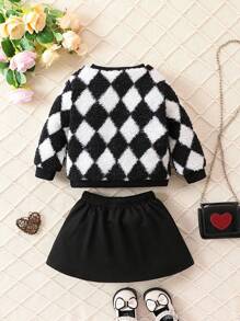 Baby Girl Argyle Pattern Sweatshirt & Skirt - Black and White - View 2