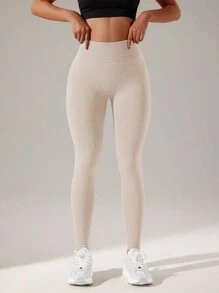 Easithlete Solid Tummy Control Sports Leggings - Beige - View 2