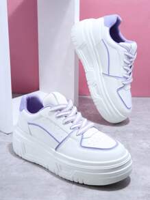 Contrast Binding Lace-up Front Skate Shoes - White - View 2