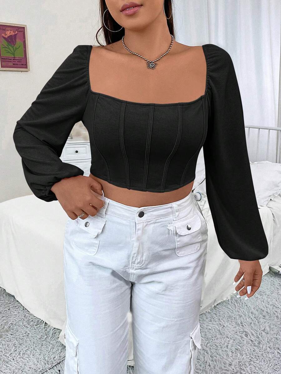 Flirla Plus Square Neck Lantern Sleeve Crop Top - Black - View 1