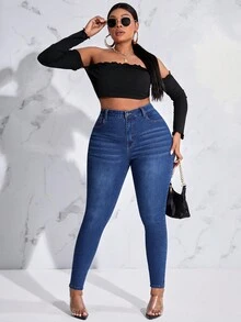 SHEIN SXY Jeans Ajustados De Talla Grande - Azul lavado oscuro - Ver 4