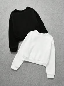 Teen Girl 2pcs Solid Drop Shoulder Sweatshirt - Black and White - View 2