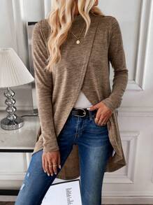 SHEIN Frenchy Solid Mock Neck High Low Hem Wrap Tee - Coffee Brown - View 3