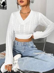 Flirla Solid Cable Knit Crop Sweater,Long Sleeve Tops Knit Pullover Fall Winter Sweater - White - View 3