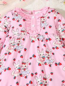 Bebé niña Vestido con estampado de conejo ribete con fruncido - Rosa - Ver 3