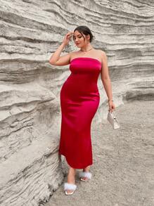 SHEIN Privé Plus Mermaid Hem Tube Dress - Red - View 3