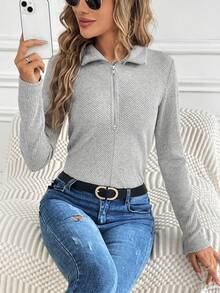 SHEIN LUNE Một nửa khóa kéo Đồ đan Ribbed Áo liền quần chặt - Màu be - Xem 3