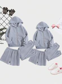 SHEIN Tween Girl Solid Zip Up Hooded Thermal Lined Jacket & Shorts - Grey - View 6
