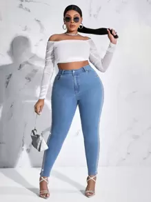 SHEIN SXY Plus High Waist Contrast Rhinestone Side Skinny Jeans - Medium Wash - View 3