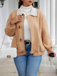 Calvaya Große Größen Dufflecoat mit Kragen aus Kunstfell, Raglanärmel und Wattierung für den Winter - Khaki - Übersicht 3