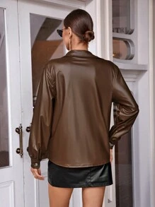 SHEIN Privé 素色前紐扣PU皮革夾克 - 棕色 - 查看 2