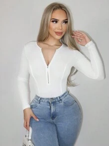 Zolique Half Zip Ribbed Knit Slim Fit Bodysuit