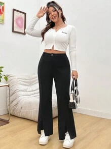 SHEIN EZwear 大碼高腰下擺開叉喇叭褲 - 黑色 - 查看 4